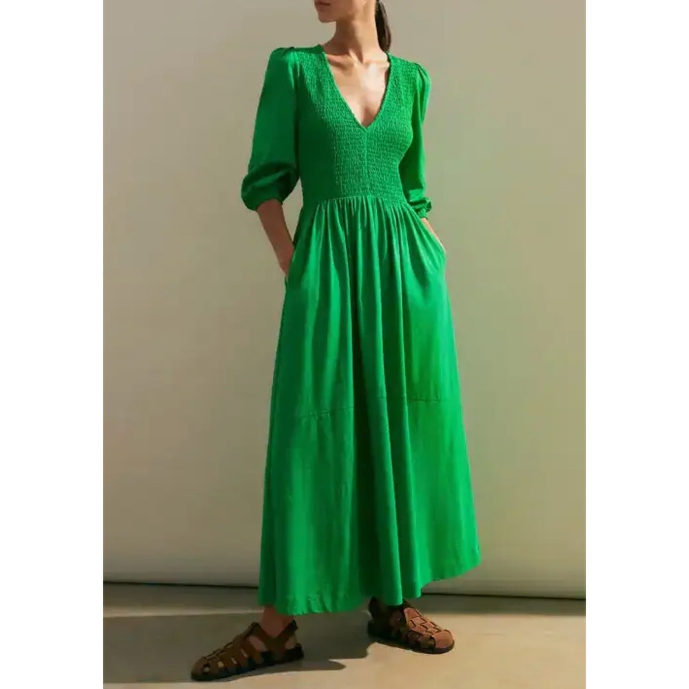 ME + EM Slub Cotton V-neck Maxi Dress in Green szβ 2